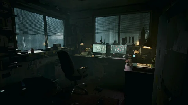 Rendered office interior from the author's video: a dim room with two glowing monitors, a desk lamp and rain-streaked windows