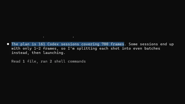 Claude Code terminal line from the author's post: "The plan is 161 Codex sessions covering 700 frames"