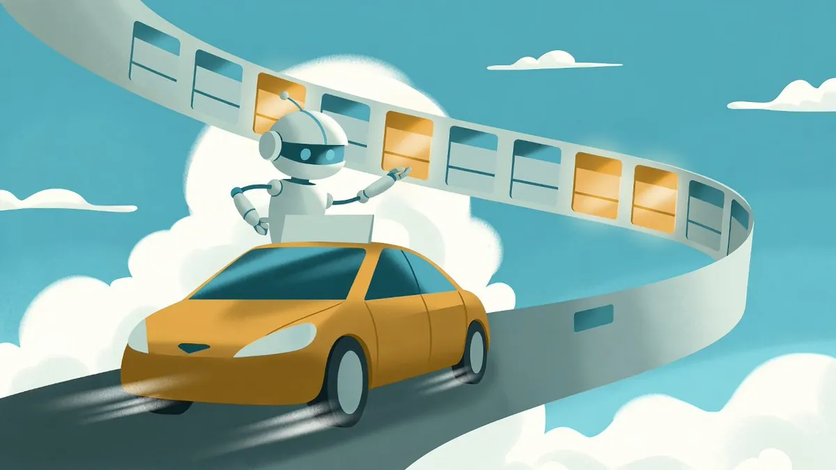Illustration of a white robot waving from the roof of a yellow car on a road that curves into the sky as a ribbon of calendar time slots, some highlighted yellow