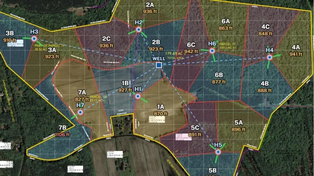 Interactive paddock map from the author's post: survey aerial with one-acre gridlines, red paddock lines, a central well and draggable water stations with walking distances