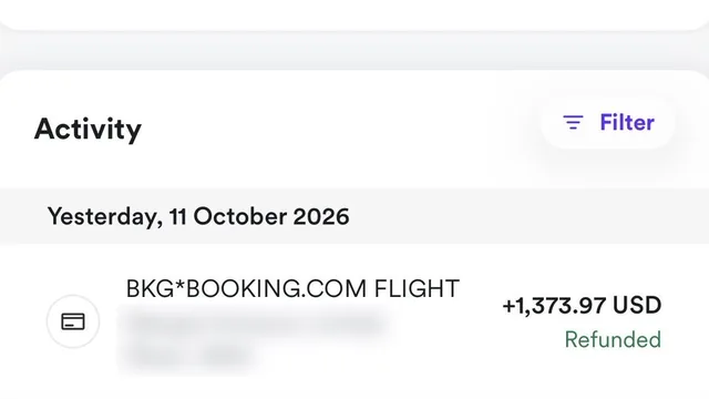Booking.com Flights +$1,373.97 refunded line from @weird_ceo's post
