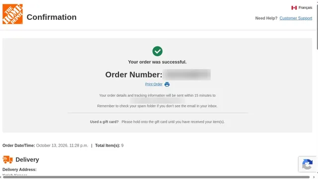 Home Depot order confirmation for moving boxes (Oct 13, 2026, 9 items) from the author's post