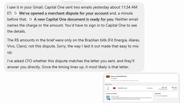 Grok Bot chat from the author's post noting Capital One's "We've opened a merchant dispute for your account" email