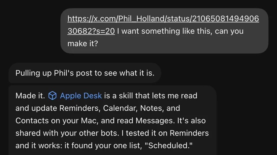 Grok Bot chat: the user shares @Phil_Holland's post and asks for something like it; Grok Bot replies that it made Apple Desk, a skill that reads and updates Reminders, Calendar, Notes and Contacts on the Mac and reads Messages