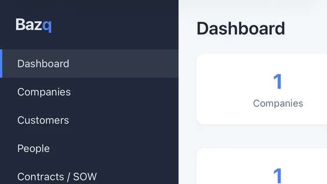 Bazq CRM dashboard from @mck_11_11's screenshot: a sidebar with Companies, Customers, People and Contracts / SOW