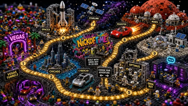 LEGO-style game scene from @NICKMOBLEY marked built with Grok Bot in 20 min