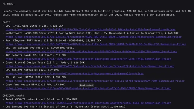 Grok Bot email with a Danish-store PC parts list and PriceRunner links