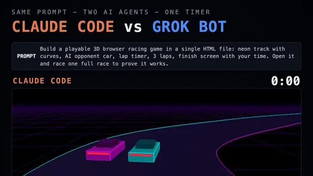 Side-by-side card from the author's video: "Claude Code vs Grok Bot", the shared racing-game prompt and the Claude Code neon track