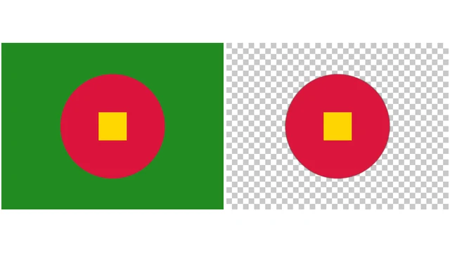 Our rembg test: on the left, the self-made input, a red circle with a yellow square on a green background; on the right, the output with the green removed, leaving the circle and square on a transparent checkerboard