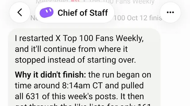 Chief-of-staff bot diagnosing why a weekly routine stalled mid-run