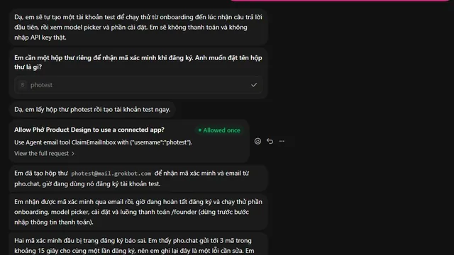 Grok Bot chat claiming a test inbox and reporting a verification-code bug