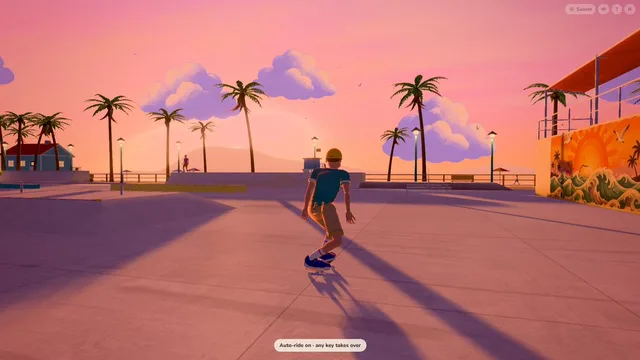 Golden Hour Skatepark gameplay: a skater rolls across a beachside park at sunset (video thumbnail from the author's post)