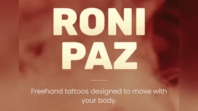 Hero screen of the tattoo site from the author's video: "RONI PAZ" and "Freehand tattoos designed to move with your body"